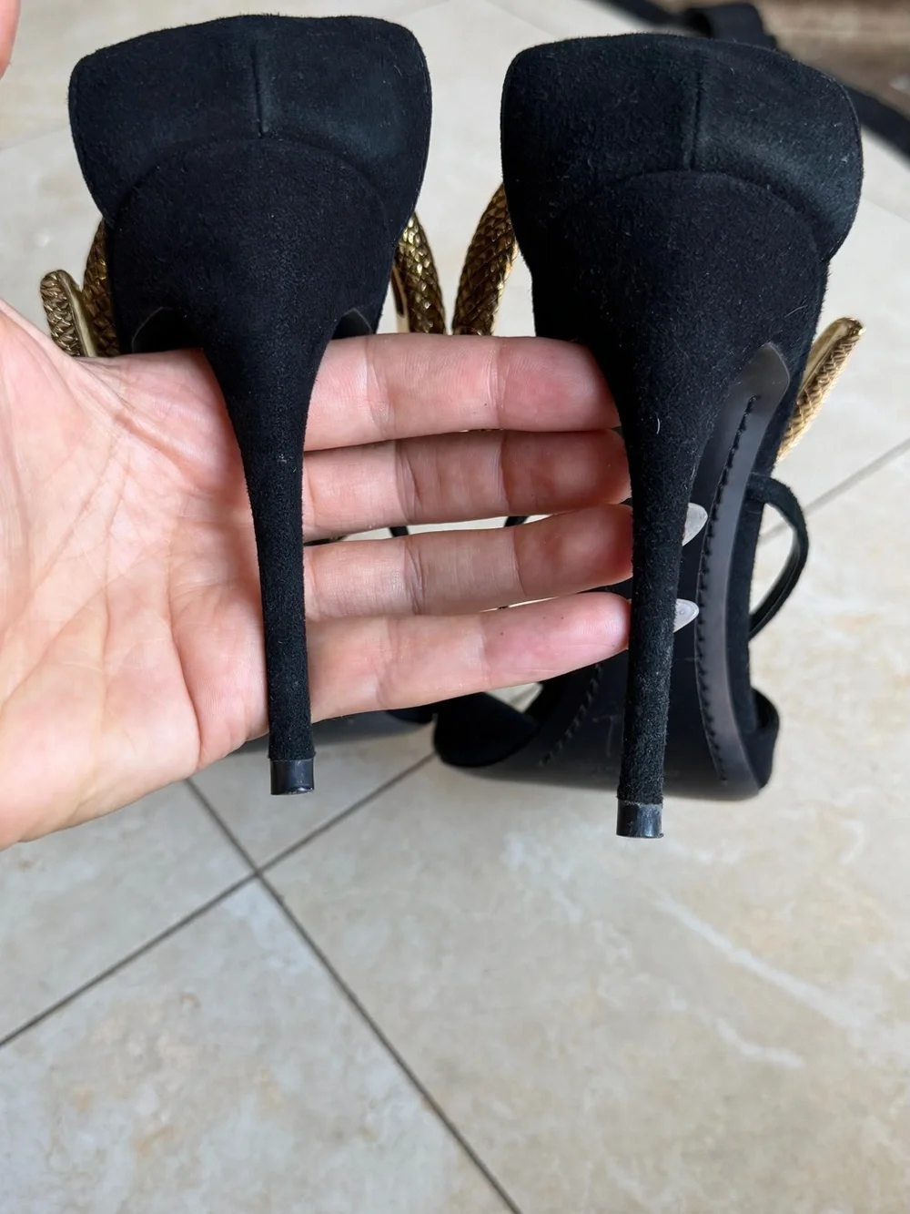 Giuseppe Zanotti Black Suede Heels with Gold Snake Detail sz 39
